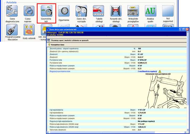 Rys. 11-8 Sprawdzenie danych regulacyjnych w programie Autodata Import czasów napraw W zakładce Towary/Usługi zlecenia lub kosztorysu jest dostępna funkcja importu danych z programów zewnętrznych.