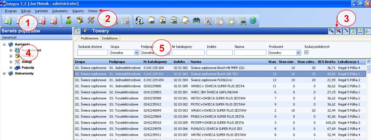 5 Poruszanie się w systemie Integra 7 5.1 Opis głównego okna programu W celu ułatwienia obsługi programu, okno główne podzielono na kilka obszarów (Rys. 5-1): 1.