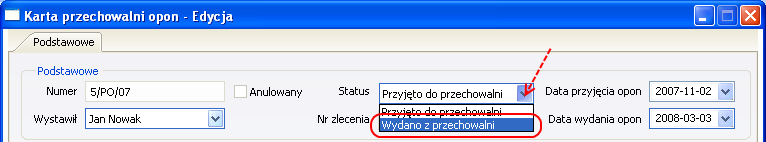 Rys. 17-4 Utworzenie karty przechowalni ze zlecenia naprawy Na karcie przechowalni zostanie takŝe zapisany numer zlecenia, do którego została wystawiona (Rys. 17-5). Rys.