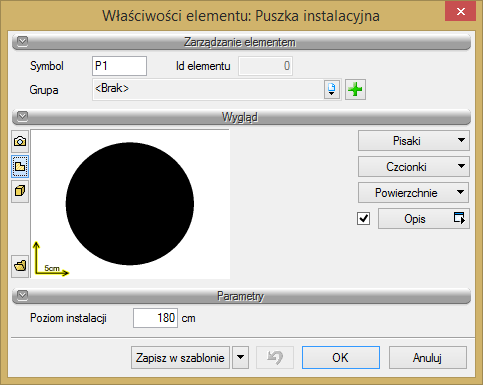 Rys. 29. Okno własności puszki instalacyjnej W pierwszej fazie definiowania puszki użytkownik zaczyna od cech wizualnych (pisaki, czcionki) oraz trasy rzeczywistej.