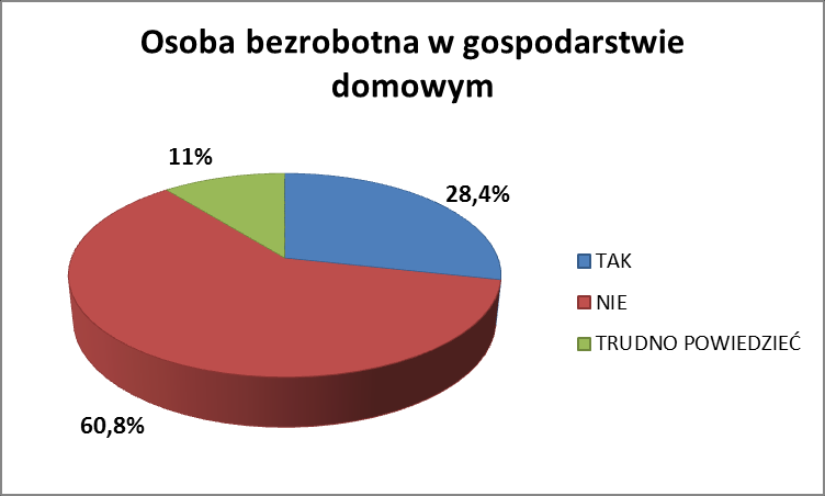 Dużo niższy odsetek badanych (28,3%) deklaruje, że w ich gospodarstwie domowym znajduje się osoba bezrobotna.