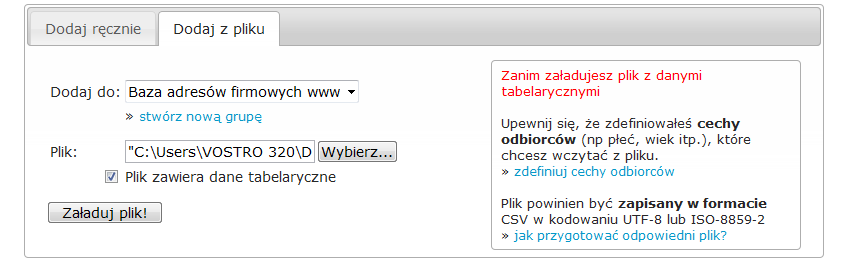 Plik zapisujemy w formacie.csv Gdy program zażąda określenia zestawu znaków, separatora pola i tekstu ustawiamy kolejno: UTF-8, (przecinek) " (cudzysłów) Jak wgrać bazę do systemu OPENMailing.pl?