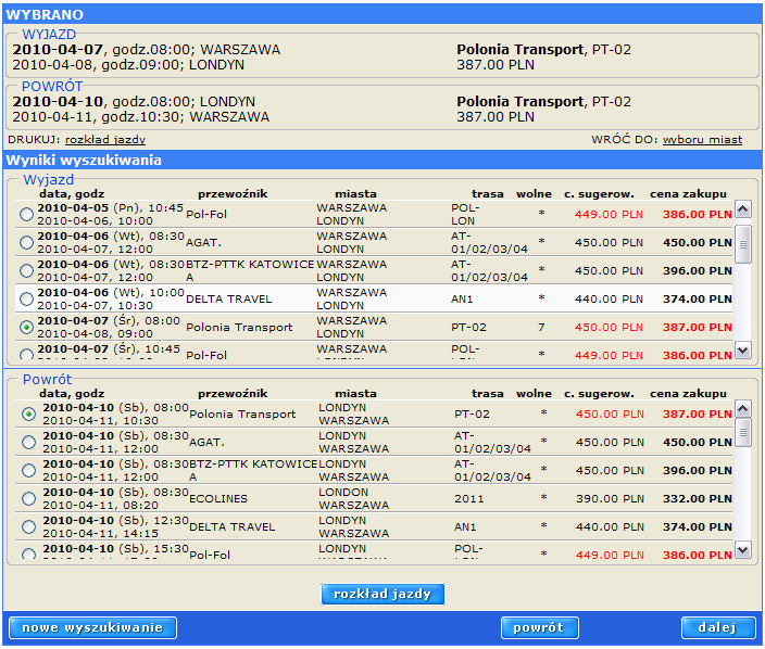 Jeśli klient wybrał bilet dwustronny, konieczne jest wybranie tego samego przewoźnika przy wyjeździe i powrocie.