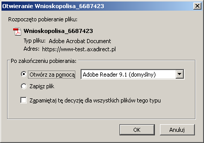KROK 5 aby zakończyć proces sprzedaży należy nacisnąć przycisk GENERUJ WNIOSKOPOLISĘ tu możesz pobrać program Adobe Reader, który jest niezbędny do odczytania Wnioskopolisy i Certyfikatu ten ekran,