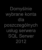 Jeżeli zgadzamy się na wartości domyślne kont, klikamy przycisk Next Domyślnie wybrane konta dla poszczególnych usług serwera SQL Serwer 2012 Rysunek 13.
