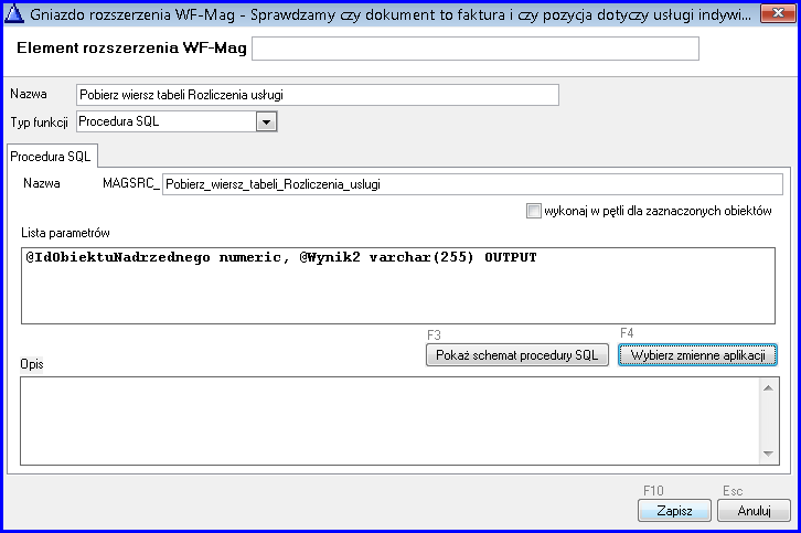 Procedura SQL pobierze wartość kolumny IDENTYFIKATOR tabeli MAGGEN_Rozliczenie_uslugi dla wiersza skojarzonego z daną fakturą (dokumentem handlowym) i przepisze jego wartość do zmiennej @Wynik2.