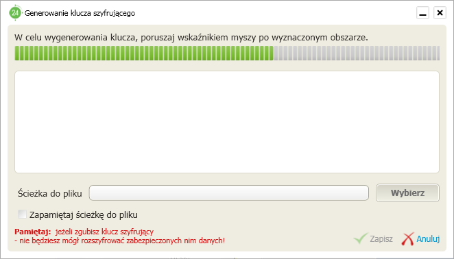 Uwaga! W przypadku utraty klucza szyfrującego, dane nim zaszyfrowane zostaną bezpowrotnie utracone.