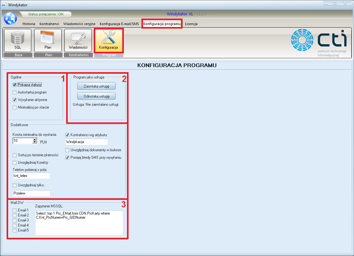 3.3. Ogólna konfiguracja programu Aby dokonać pierwszej konfiguracji programu trzeba wybrać z górnego menu zakładkę Konfiguracja programu, a następnie kliknąć w ikonę Konfiguracja.