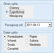 Program na podstawie wzorca wygeneruje listę dokumentów. Następnie należy kliknąć na ikonę Kalendarz i wybrać okres cyklu wysyłania zestawień e-mail.