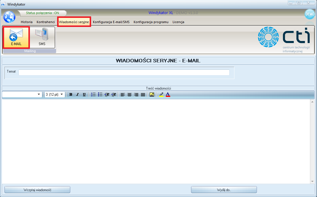 3.12. Wiadomości seryjne Program oprócz wysyłania ponagleń dotyczących zapłaty posiada funkcję wysyłania wiadomości e- mail lub SMS o dowolnej treści.