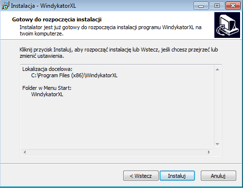 W kolejnym oknie instalator wyświetli ustawienia.