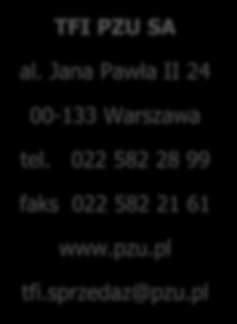 PZU INWESTYCJE Dane kontaktowe: TFI PZU SA al. Jana Pawła II 24 00-133 Warszawa tel. 022 582 28 99 faks 022 582 21 61 www.pzu.pl tfi.sprzedaz@pzu.