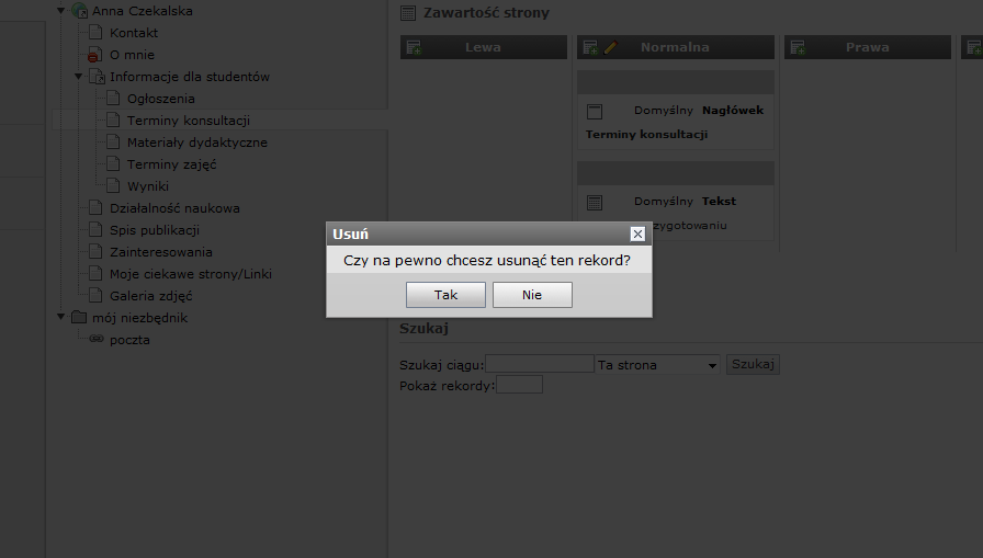 Otrzymamy: Klikamy Tak i automatycznie strona została usunięta.