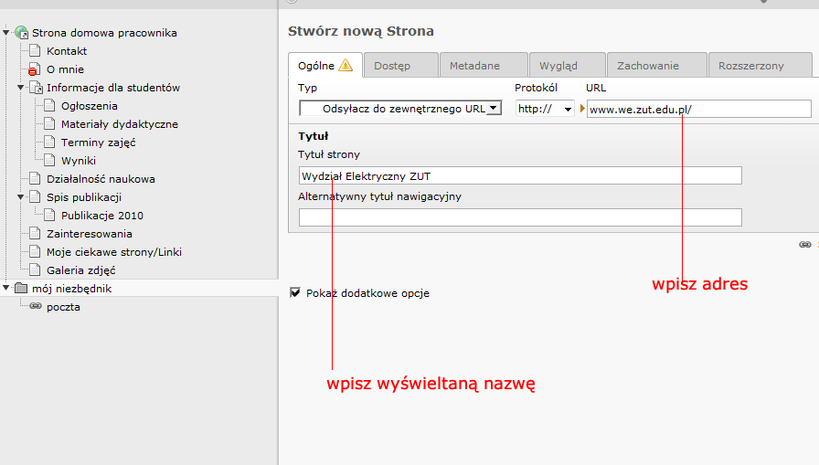 W miejsce URL wpisano adres internetowy Wydziału Elektrycznego i w Tytuł strony Wydział Elektryczny ZUT. Oczywiście należy Zapisać dokument.