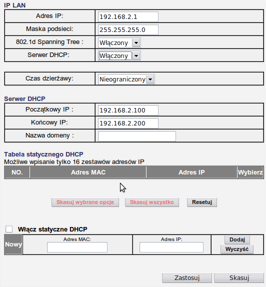 Włączamy serwer DHCP, jak ktoś chce to może włączyć statyczne DHCP, ale trzeba już samemu przydzielić IP do każdego adresu MAC np. Do adresu MAC komputera przypisujemy IP 192.