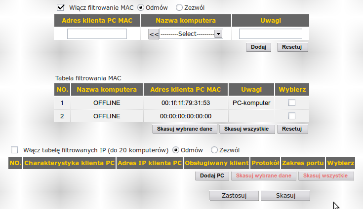 Można tu włączyć filtrowanie albo dostęp podłączonych komputerów do rutera, poprzez adres MAC albo jak już włączyło się statyczne IP, to przez ten protokół.
