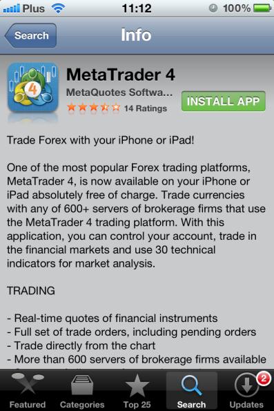 Po uruchomieniu Sklepu App Store, należy wyszukać aplikację, przez wpisanie we wskazanym polu MetaTrader 4. Z wyszukanych aplikacji należy wybrać MetaTrader 4. Rys.