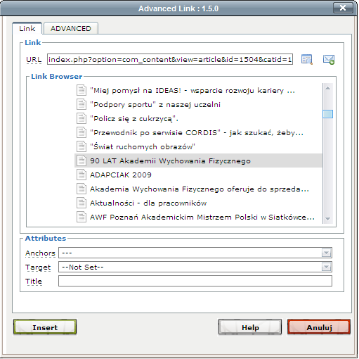 W pasku Link URL wskazujemy adres do strony, do której to chcemy, aby prowadził wstawiany odnośnik.