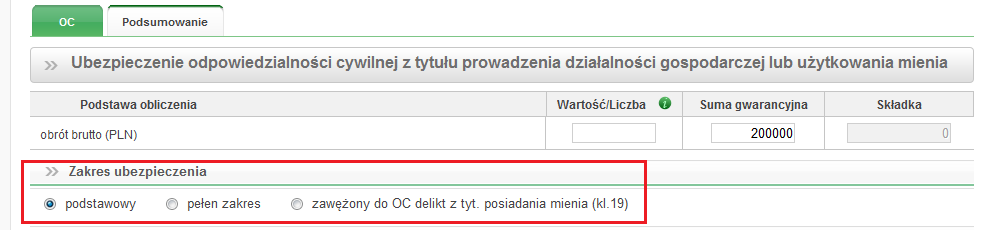 Szeroki zakres ubezpieczenia OC działalności Zakres podstawowy obejmuje odpowiedzialność za szkody : W związku z posiadaniem mienia i prowadzeniem działalności wskazanej w umowie; OC najemcy; W