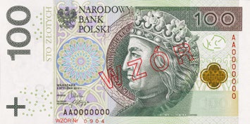 Nitka zabezpieczająca Podczas oglądania banknotu pod światło widać znak wodny przedstawiający wizerunek władcy oraz cyfrowe oznaczenie nominału 00. Pole znaku wodnego nie jest zadrukowane.