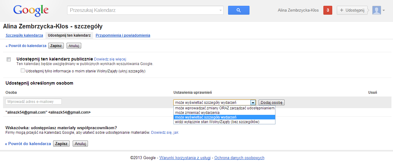 3. Do współtworzenia kalendarza możesz zaprosić innych. W wypadku grupy projektowej jest to wręcz konieczne. Jak to zrobić?