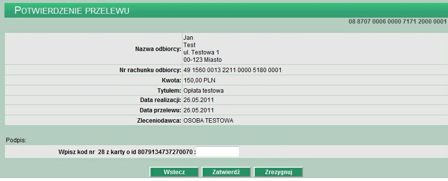 Rozdział 4 Uruchomienie systemu W przypadku gdy klient ma przypisany środek autoryzacji w postaci kodów jednorazowych z karty TAN autoryzacja zleceń następuje po wprowadzeniu prawidłowego kodu (hasła