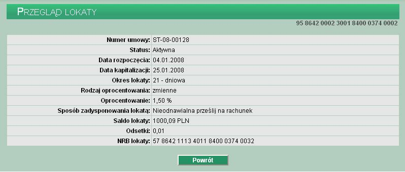 Rozdział 9 Lokaty Dla każdej lokaty dostępne są następujące informacje: Status informacj a o etapie zakładania lub zrywania Data rozpoczęcia data początku lokaty Typ lokaty informacj a o rodzaj u