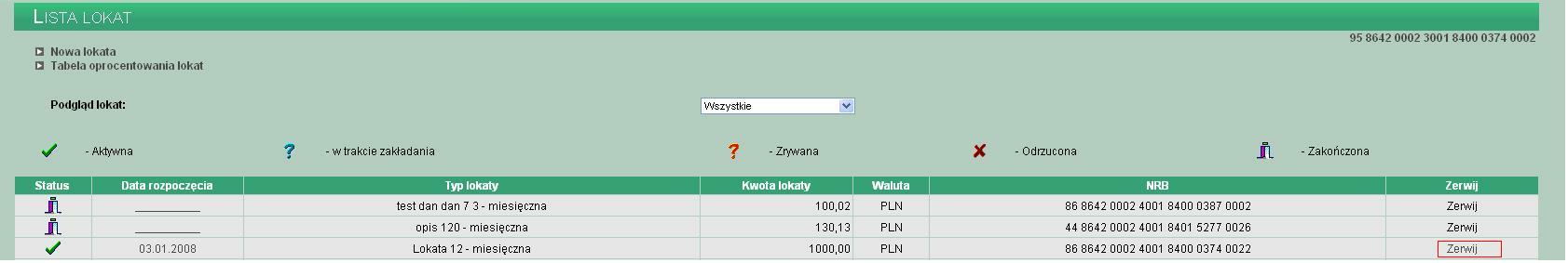 Rozdział 9 Lokaty 9.3. Zrywanie lokat Użytkownik ma możliwość zerwania lokaty aktywnej założonej przez kanał WWW oraz IVR poprzez wybór linku Zerwij.
