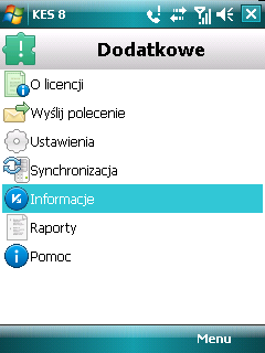 PRZEGLĄDANIE INFORMACJI O APLIKACJI Możesz przejrzeć ogólne informacje o aplikacji Kaspersky Endpoint Security 8 for Smartphone i jej wersji. W celu przejrzenia informacji o aplikacji: 1.