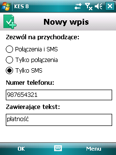 *1234? znajduje się na Białej liście. Anti-Spam będzie dostarczał połączenia i SMS-y przychodzące z numeru telefonu, w którym po cyfrach 1234 występuje dowolny znak.