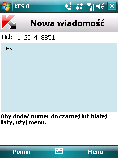 WYBIERANIE REAKCJI NA PRZYCHODZĄCE WIADOMOŚCI SMS Jeżeli wybrano tryb Obie listy (patrz sekcja "Tryby modułu Anti-Spam" na stronie 41), Anti-Spam będzie skanował przychodzące wiadomości SMS zgodnie z