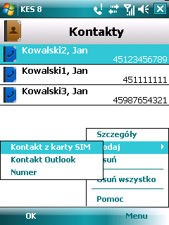 Aby dodać numer zapisany na karcie SIM, wybierz Menu Dodaj Kontakt z karty SIM. W oknie Kontakt z karty SIM, które zostanie otwarte, wybierz wymagany wpis i wciśnij OK.