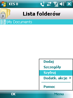 3. Wybierz Menu Dodaj folder. Zostanie wyświetlone drzewo systemu plików Twojego urządzenia. 4. Wybierz folder, który ma zostać zaszyfrowany, a następnie wciśnij Szyfruj (patrz rysunek poniżej).