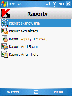 Kaspersky Mobile Security dla Microsoft Windows Mobile 57 3. W oknie, które zostanie otwarte wybrać raport na temat ochrony w czasie rzeczywistym. Rysunek 46. Zakładka Raporty 3.9.