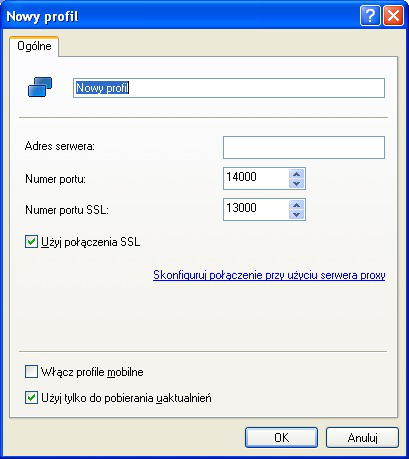 5. Kliknij przycisk Dodaj, znajdujący się w sekcji Profile połączenia z serwerem administracyjnym (patrz poniższy rysunek). Zostanie otwarta zakładka okna konfiguracji (patrz obrazek poniżej).
