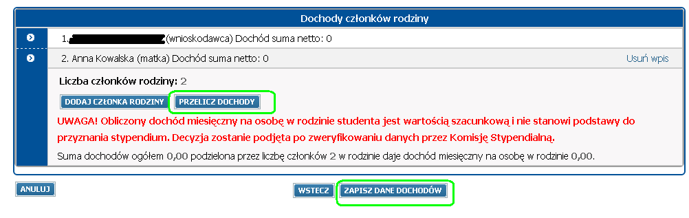 Po uzupełnieniu wszystkich swoich danych, w przypadku posiadania dochodów, kliknij PRZELICZ DOCHODY i ZAPISZ DANE DOCHODÓW.