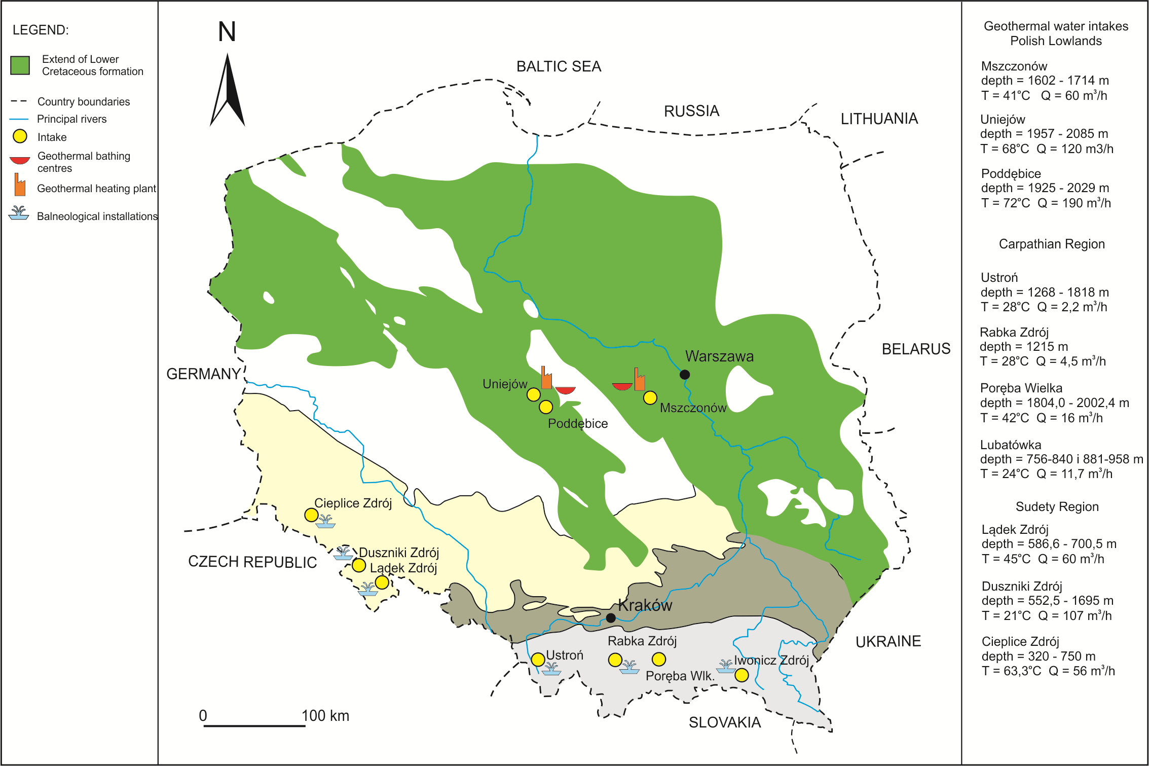 Lokalizacja ujęć geotermalnych z utworów Kredy Dolnej i