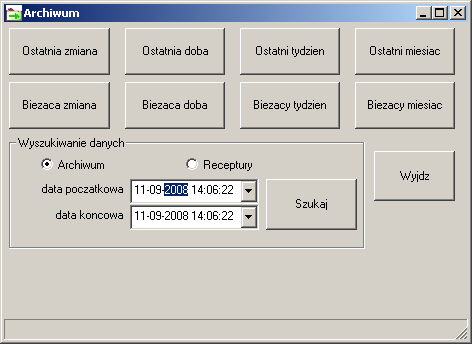 Ekran archiwum Na powyższym ekranie po naciśnięciu Archiwum (można go też kliknąć na startowym oknie programu) można otworzyć ekran archiwum który umożliwia zrobienie raportów oraz plików danych.