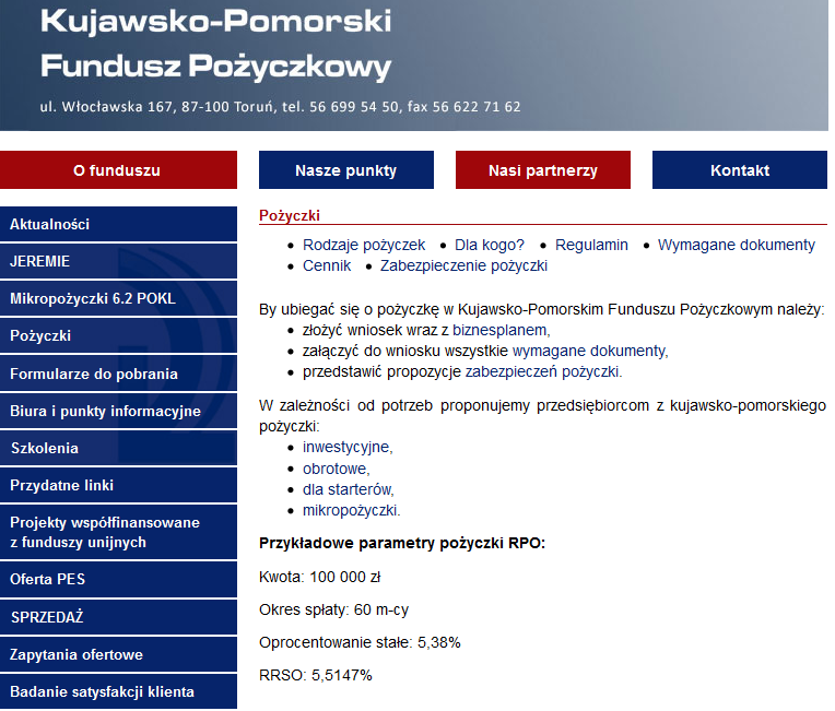 Fundusz pożyczkowy, produkty finansowe i wybrane parametry (przykład) Wymogi