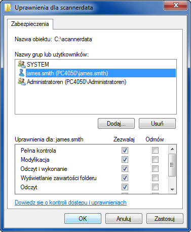 Podstawowa obsługa 6 Wybierz wprowadzonego użytkownika, zaznacz uprawnienia Zmiana i Odczyt i kliknij przycisk OK. W systemie Windows XP przejdź do kroku 8.