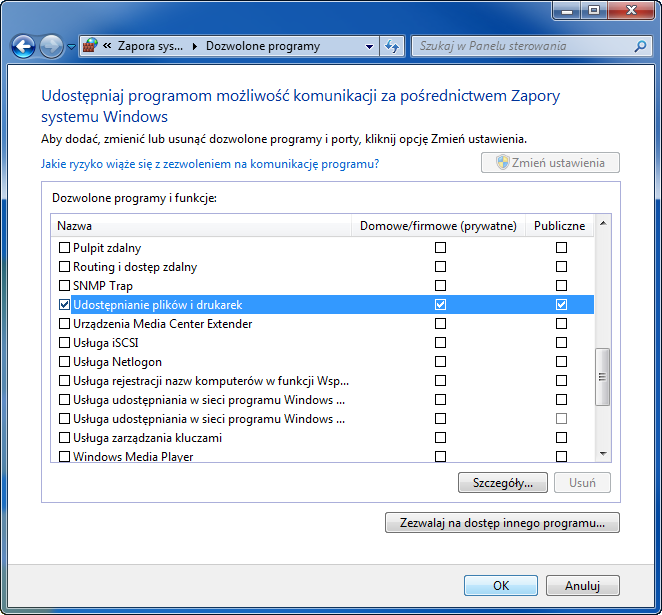 Podstawowa obsługa Konfiguracja Zapory systemu Windows (w systemie Windows 7) Konfiguracja uprawnień dotyczących udostępniania plików i drukarek oraz ustawienie portu wykorzystywanego podczas