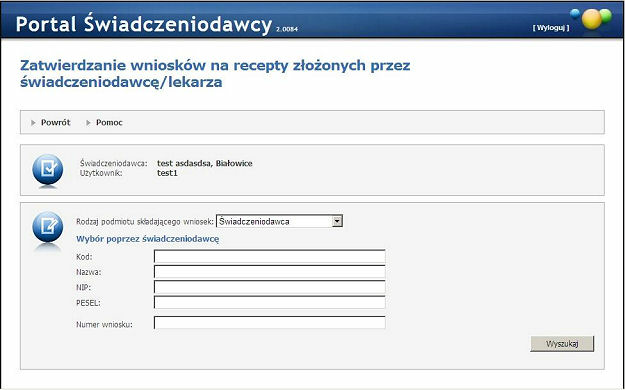 Obsługa okien wyszukiwania i nacisnąć przycisk Wyszukaj. Po naciśnięciu przycisku Wniosek wyświetlany jest wniosek na recepty, który należy wypełnić i zatwierdzić, a później ewentualnie wydrukować. 5.