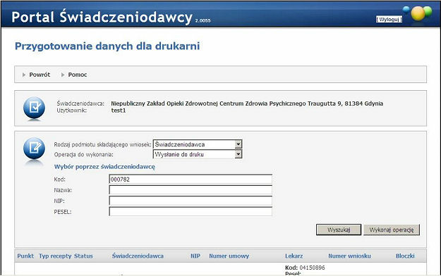 54 Portal Świadczeniodawcy Opis formularza o Rodzaj podmiotu składającego wniosek - pole umożliwia wybór czy wniosek jest składany przez Świadczeniodawcę czy lekarza z umową upoważniającą.