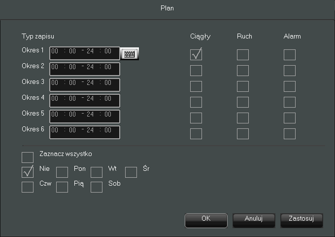 NVR-3404POE, NVR-3408POE,NVR-3408POE-H2, NVR-3416 Instrukcja obsługi wer.1.1.1 MENU REJSTRATORA Wybranie zakładki HARMONOGRAM otwiera okno wyświetlające paski z czasami trybów nagrywania dla poszczególnych dni tygodnia.