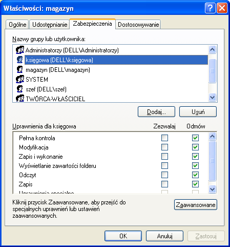 Ustawiono uprawnienia do folderu: magazyn dla konta: szef na Odczyt.