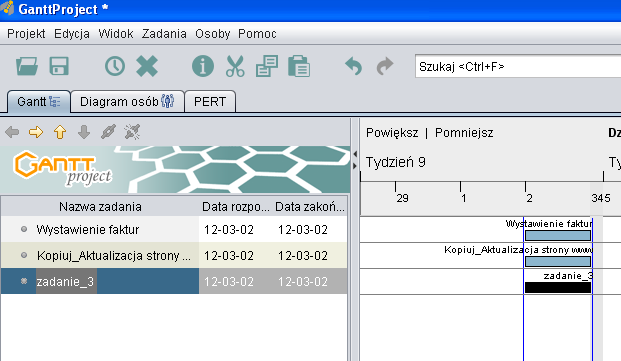 Rys. 16: Pojawienie się nowego zadania na liście Właściwości zadania Kliknięcie na Właściwości zadania (musimy wybrać zadanie, którego właściwości będziemy zmieniać, aby ten przycisk był aktywny)