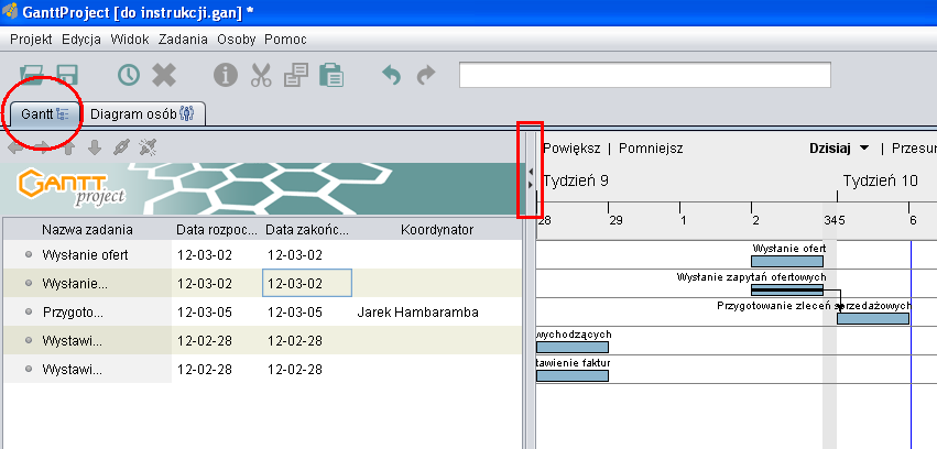 3. Diagramy a. Wykres Gantta (Diagram zadań) Podstawowym widokiem jest zakładka z napisem Gantt. Zawiera ona podgląd na wykres Gantta (po prawej) oraz listę zadań (po lewej). Rys.