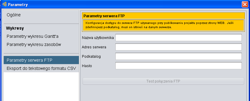 Rys. 9: Okno Parametry, zakładka Parametry wykresu zasobów W zakładce Parametry serwera FTP ustawiamy dane serwera FTP (dane