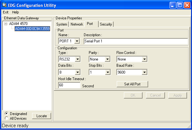 Ustawień dokonać dla obu portów. Wybrać Set all Ports następnie OK, Apply oraz Restart. Program jeszcze raz odszuka moduł. Sprawdzić poprawność ustawianych parametrów. Moduł został skonfigurowany.