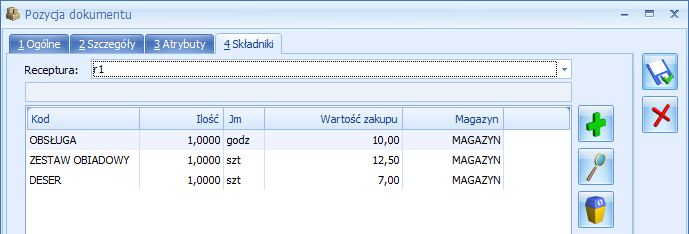 Magazyn dla ręcznie dodanych składników ustawiany jest zgodnie z aktualnie podanym magazynem dla usługi złożonej. Rys.